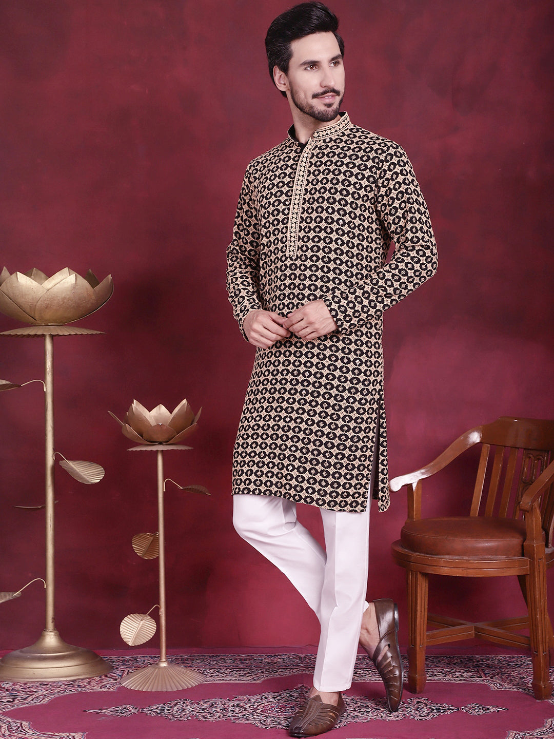 Men's Sequins Embroidered Kurta with Pyjama ( JOKP P 5023 Black )