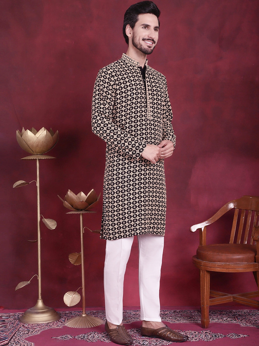 Men's Sequins Embroidered Kurta with Pyjama ( JOKP P 5023 Brown )