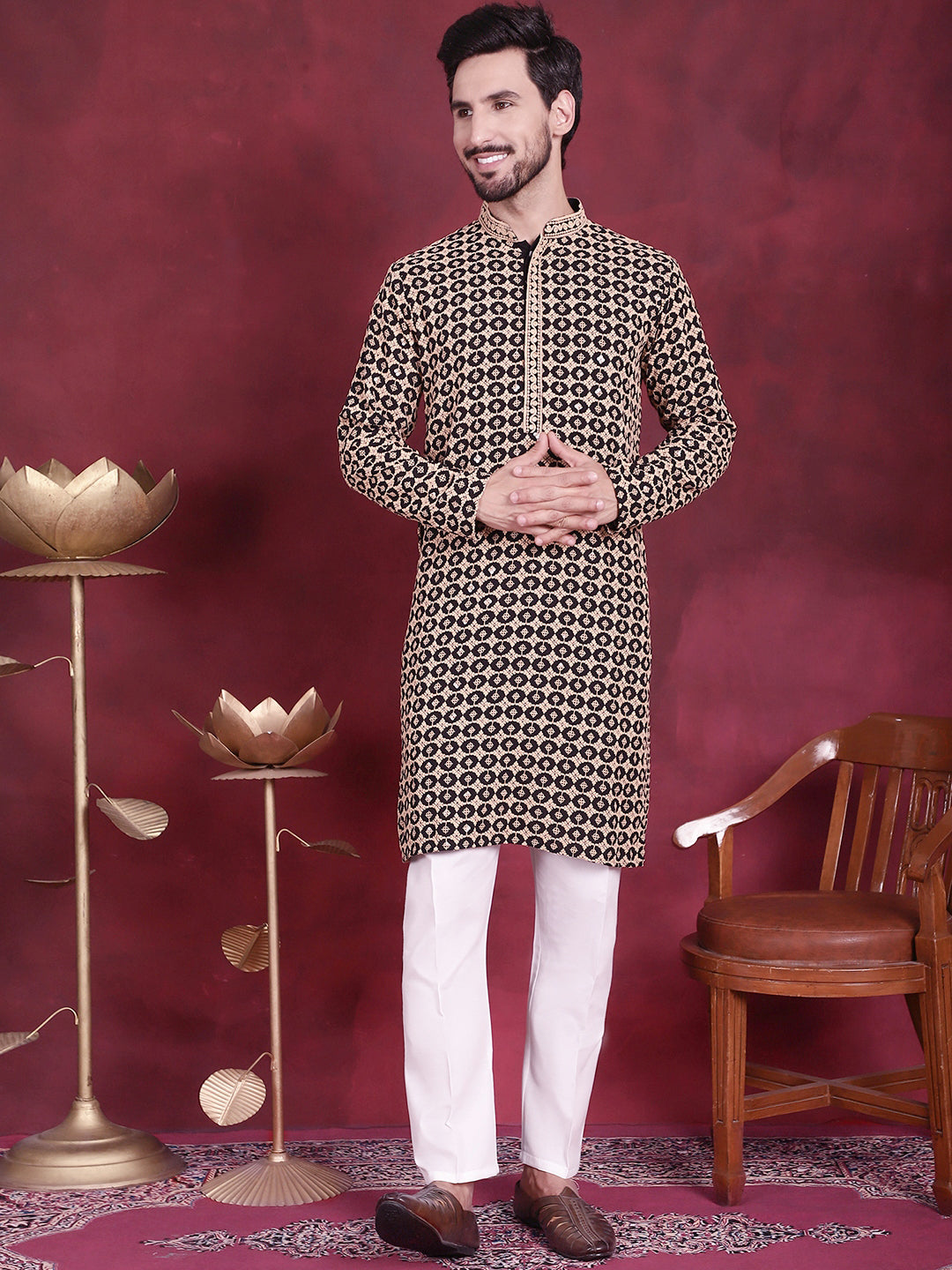 Men's Sequins Embroidered Kurta with Pyjama ( JOKP P 5023 Black )