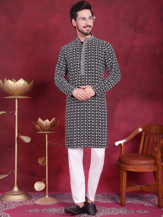 Men's Sequins Embroidered Kurta with Pyjama ( JOKP P 5023 Grey )