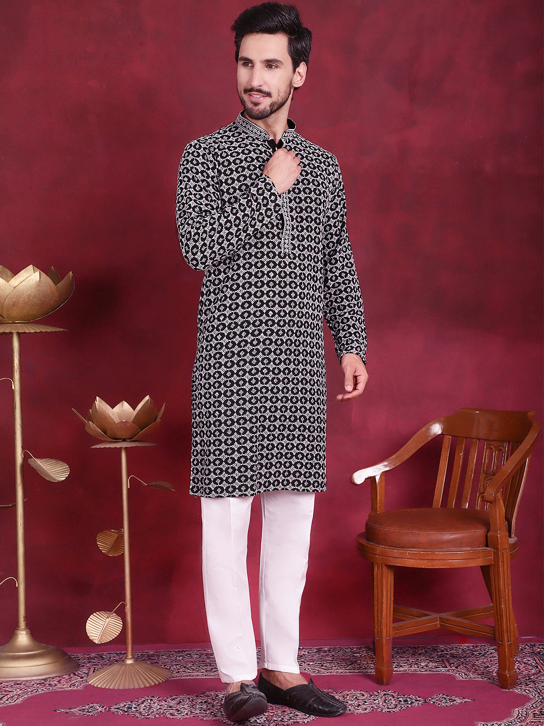 Men's Sequins Embroidered Kurta with Pyjama ( JOKP P 5023 Grey )