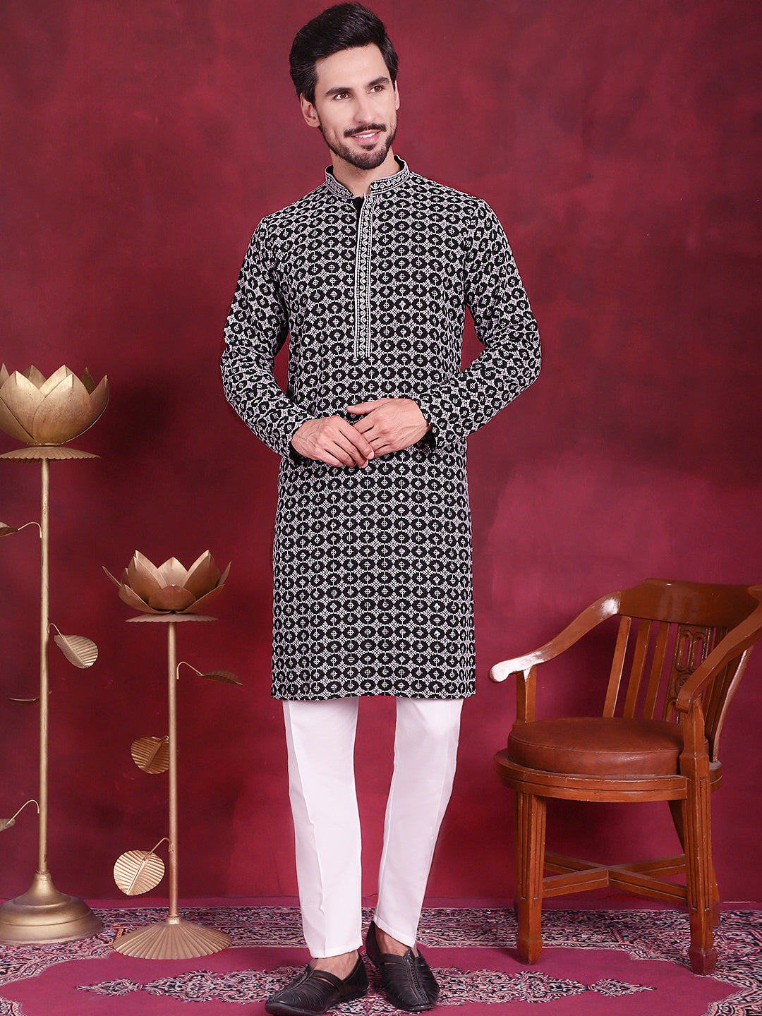 Men's Sequins Embroidered Kurta with Pyjama ( JOKP P 5023 Grey )