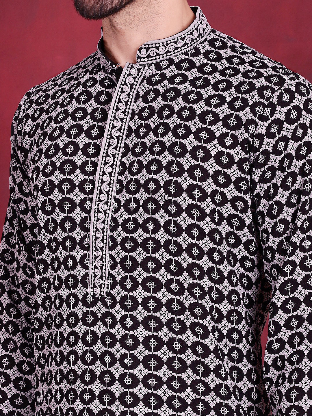 Men's Sequins Embroidered Kurta with Pyjama ( JOKP P 5023 Grey )