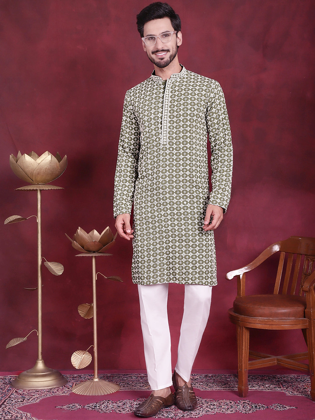 Men's Sequins Embroidered Kurta with Pyjama ( JOKP P 5023 Mehndi )
