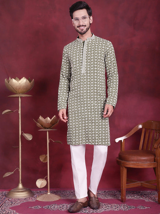 Men's Sequins Embroidered Kurta with Pyjama ( JOKP P 5023 Mehndi )