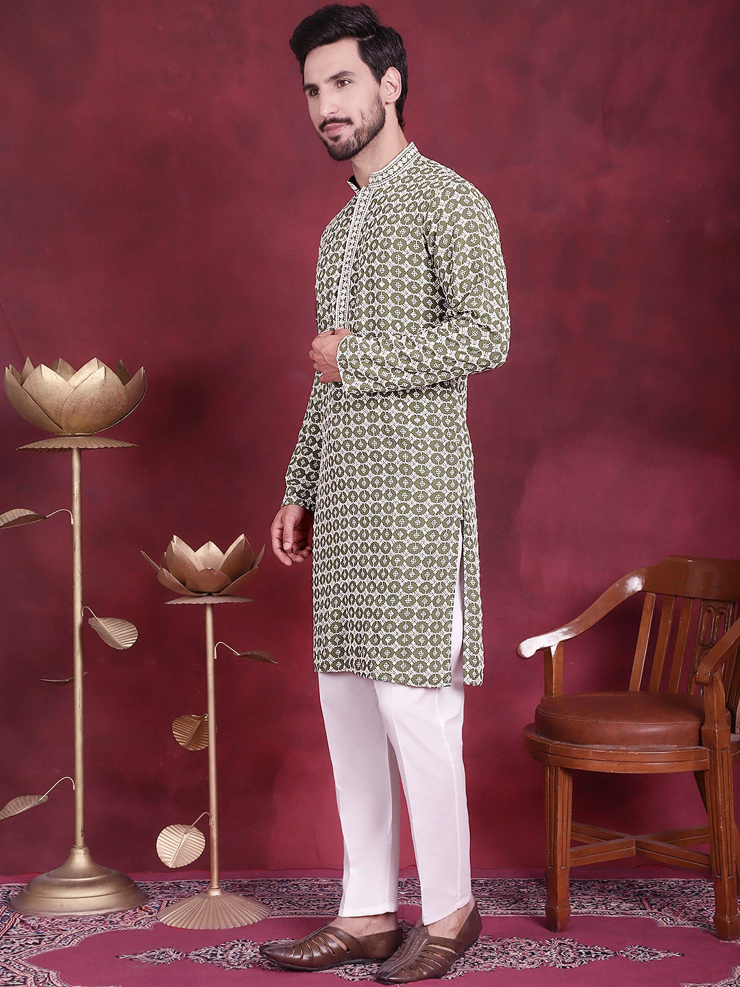 Men's Sequins Embroidered Kurta with Pyjama ( JOKP P 5023 Mehndi )