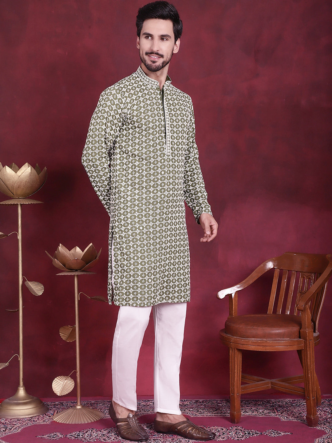 Men's Sequins Embroidered Kurta with Pyjama ( JOKP P 5023 Mehndi )