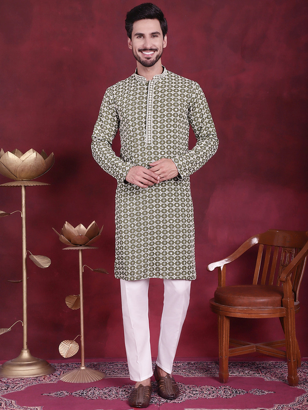 Men's Sequins Embroidered Kurta with Pyjama ( JOKP P 5023 Mehndi )