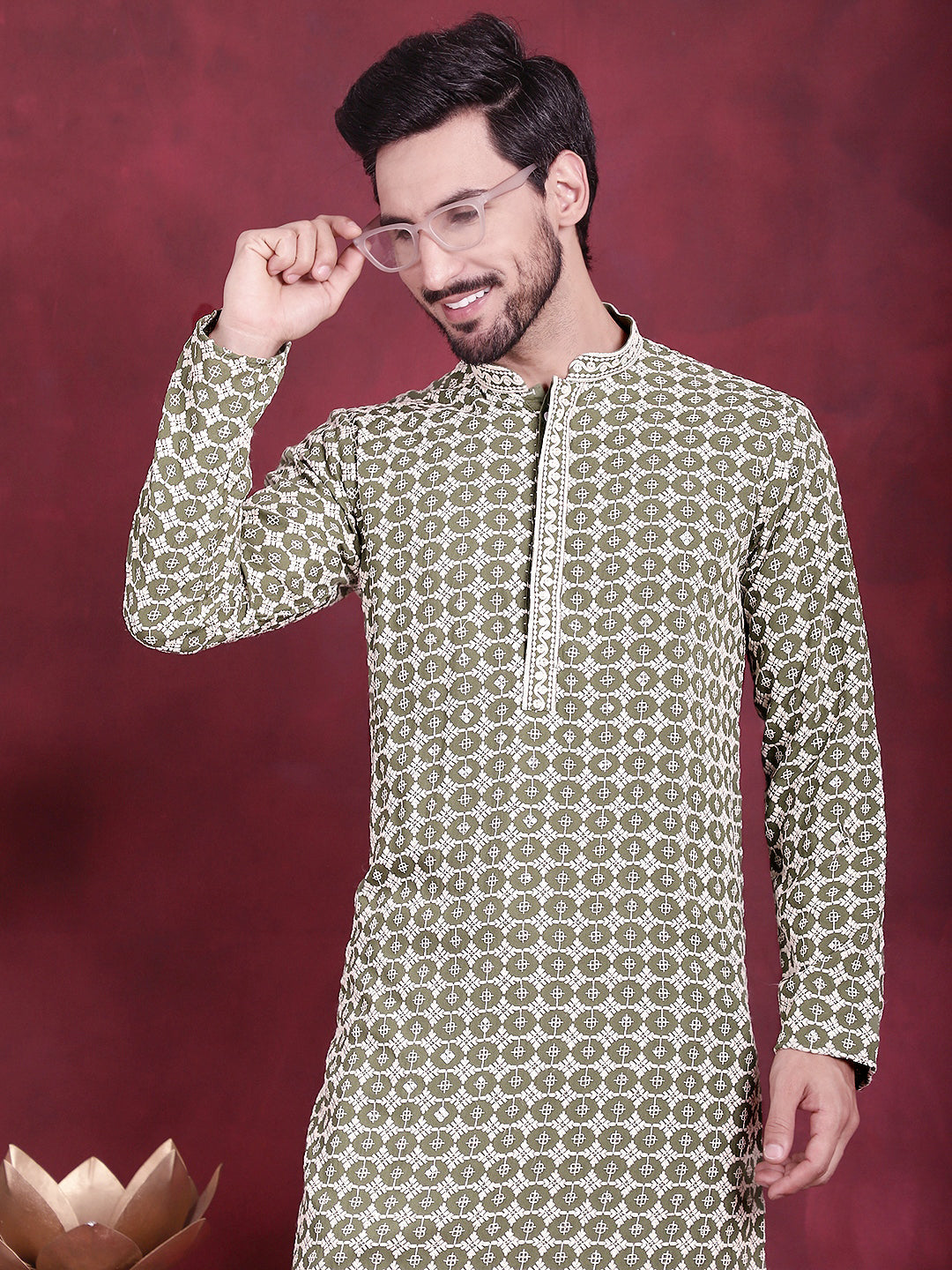 Men's Sequins Embroidered Kurta with Pyjama ( JOKP P 5023 Mehndi )