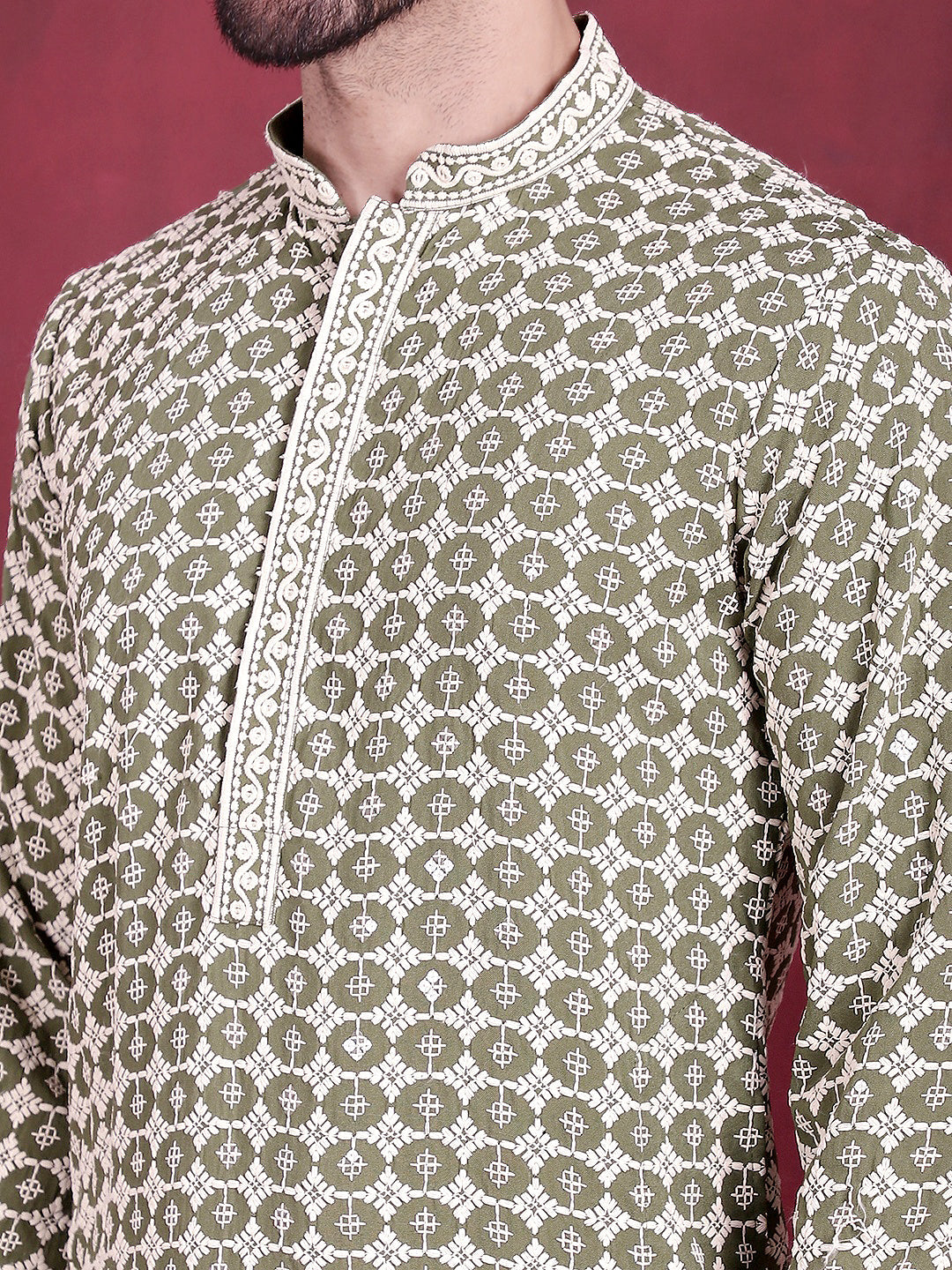 Men's Sequins Embroidered Kurta with Pyjama ( JOKP P 5023 Mehndi )