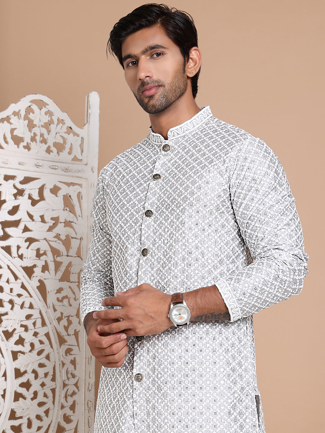 Sequin Chikankari Front Open Kurta With Pyjamas ( JOKP P 5029Grey )