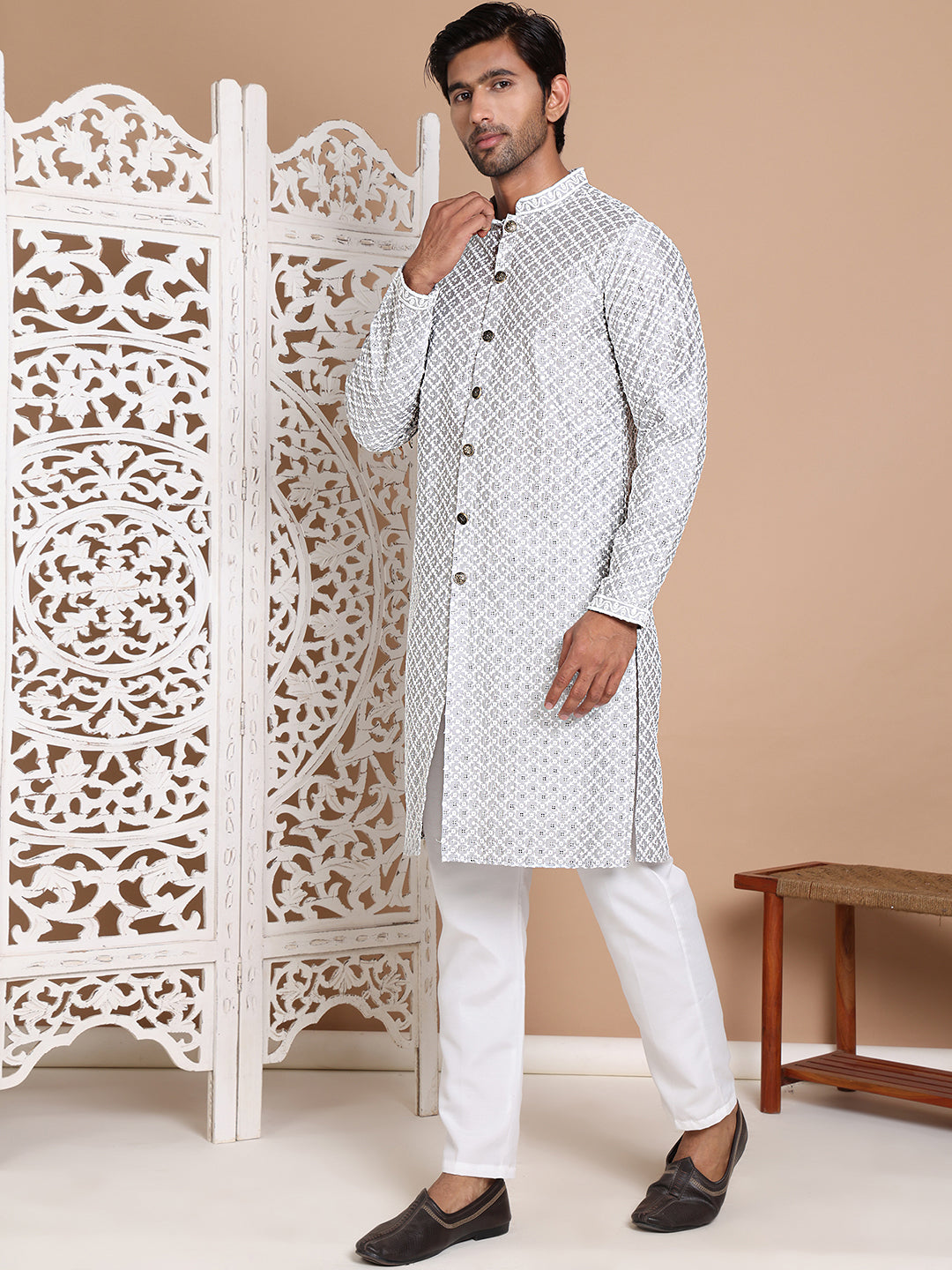 Sequin Chikankari Front Open Kurta With Pyjamas ( JOKP P 5029Grey )