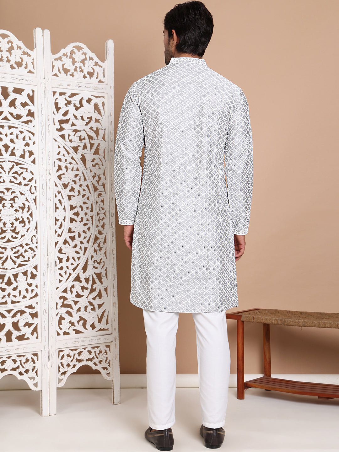 Sequin Chikankari Front Open Kurta With Pyjamas ( JOKP P 5029Grey )