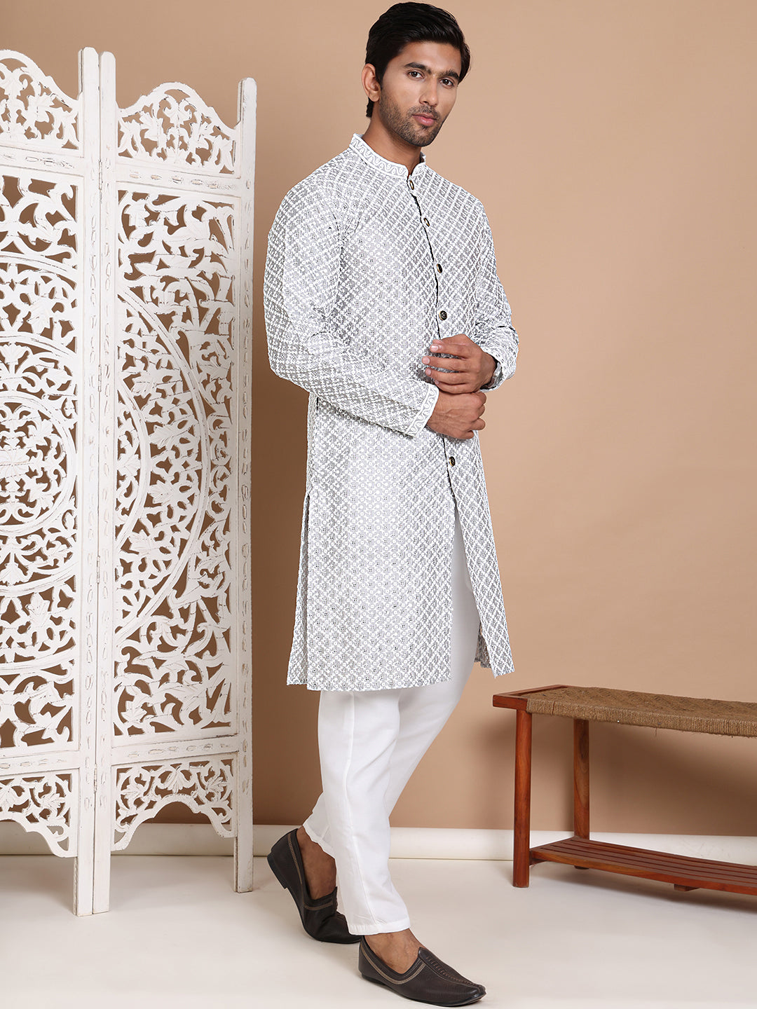 Sequin Chikankari Front Open Kurta With Pyjamas ( JOKP P 5029Grey )