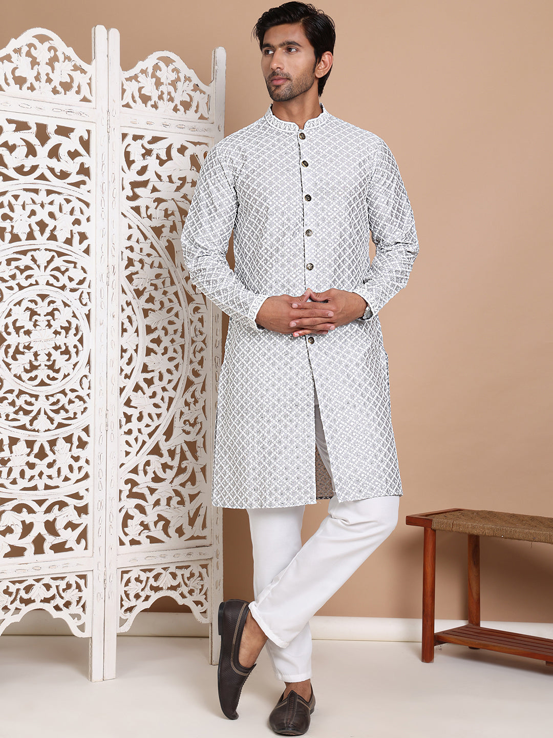 Sequin Chikankari Front Open Kurta With Pyjamas ( JOKP P 5029Grey )