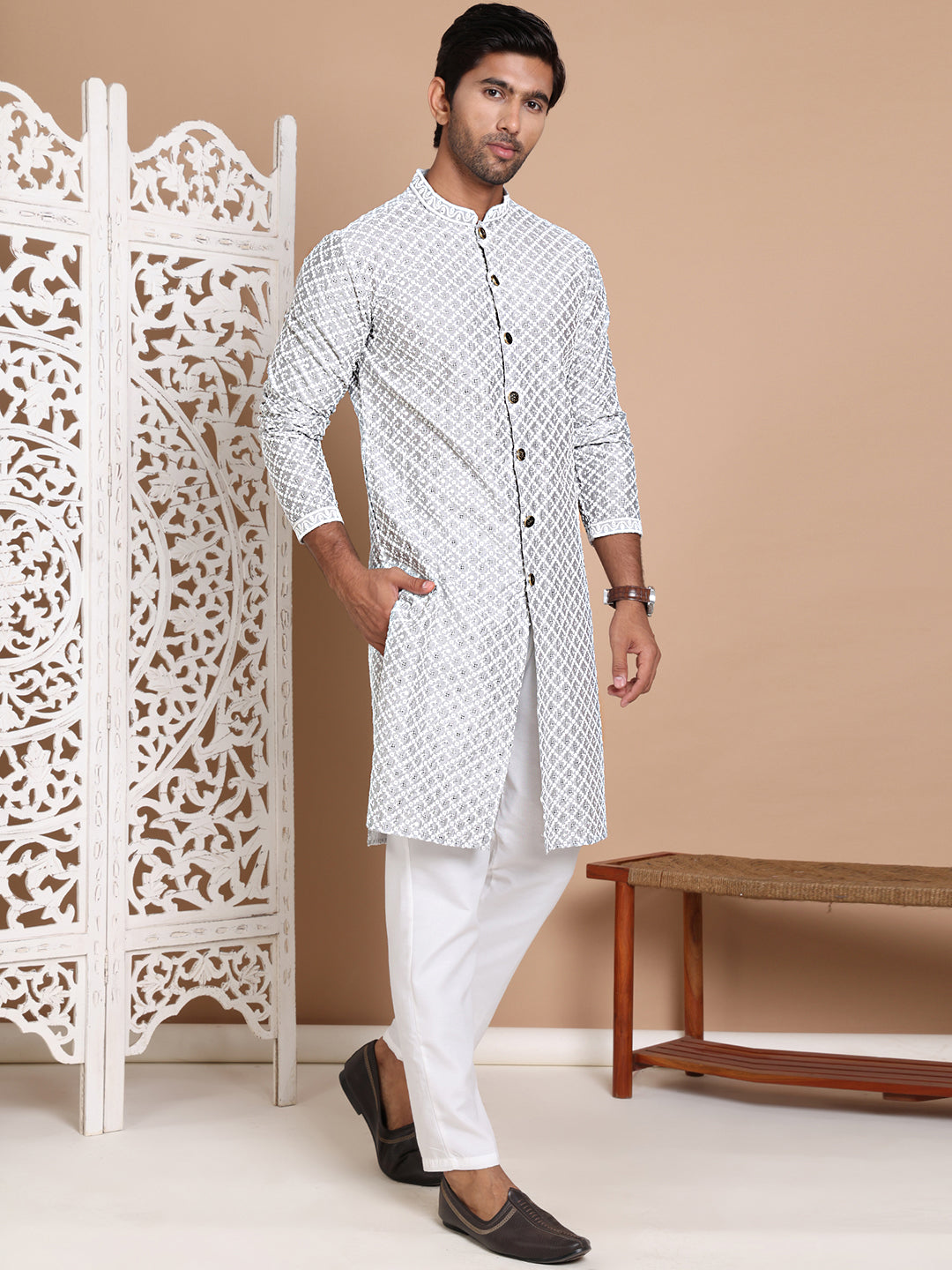 Sequin Chikankari Front Open Kurta With Pyjamas ( JOKP P 5029Grey )
