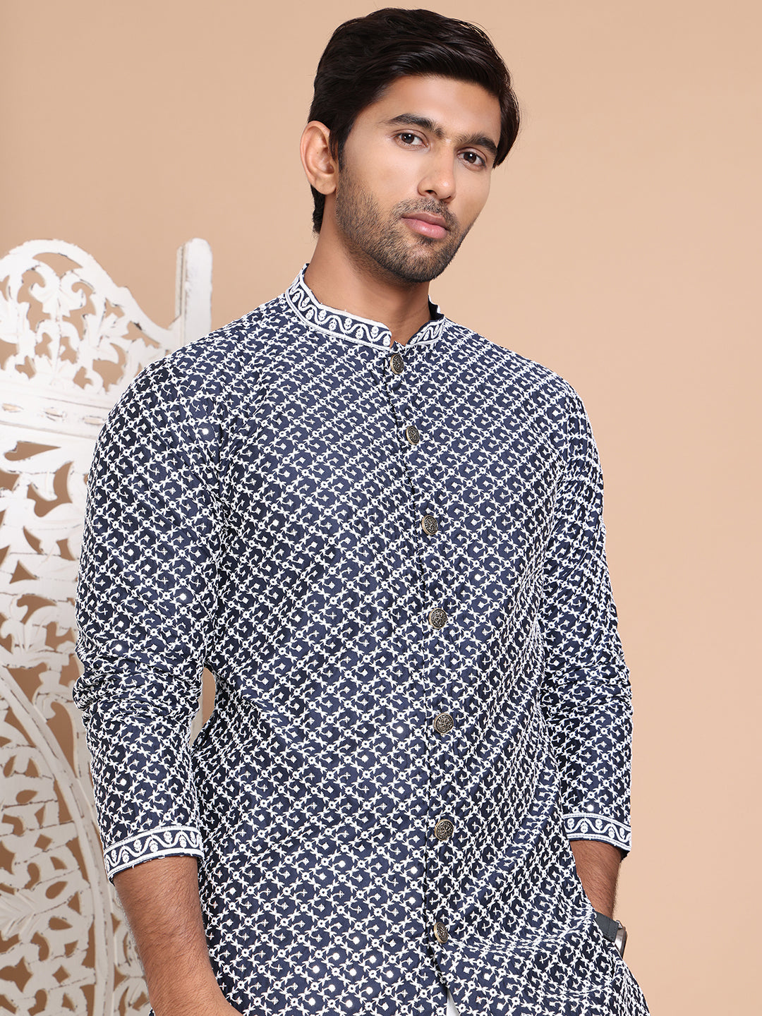 Sequin Chikankari Front Open Kurta With Pyjamas ( JOKP P 5029Navy )