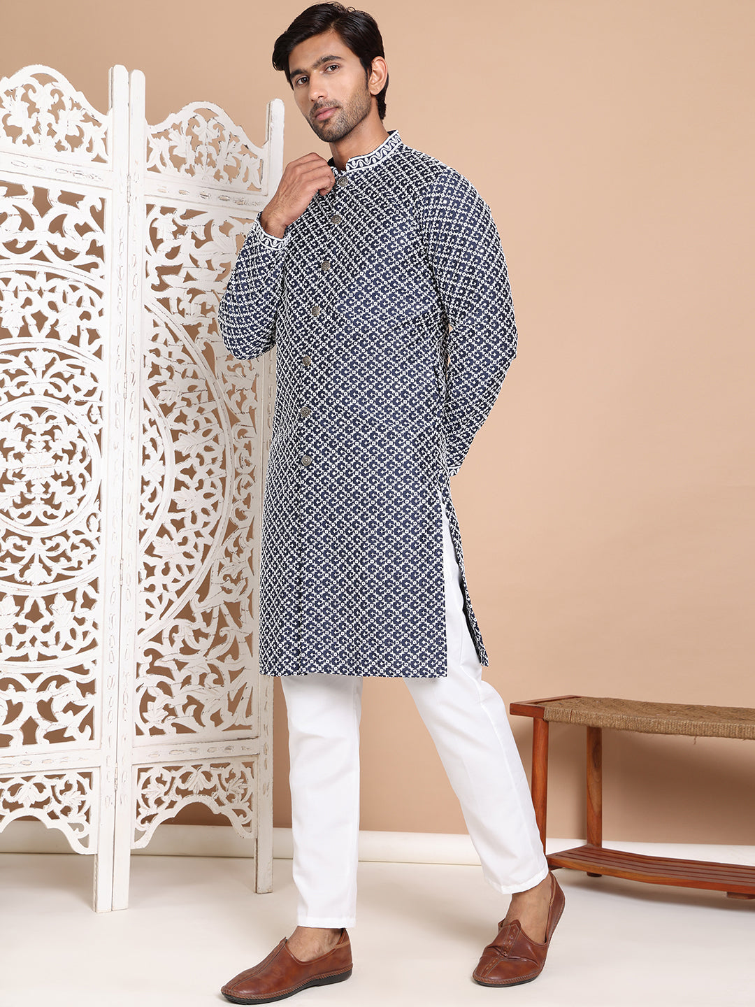 Sequin Chikankari Front Open Kurta With Pyjamas ( JOKP P 5029Navy )