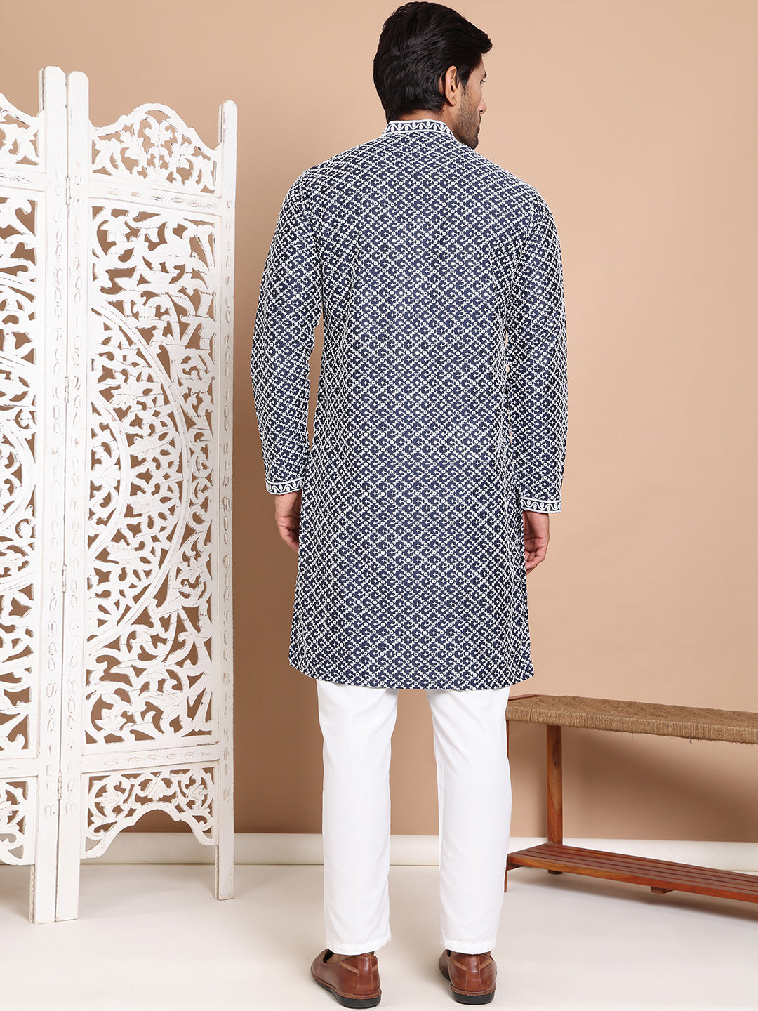 Sequin Chikankari Front Open Kurta With Pyjamas ( JOKP P 5029Navy )