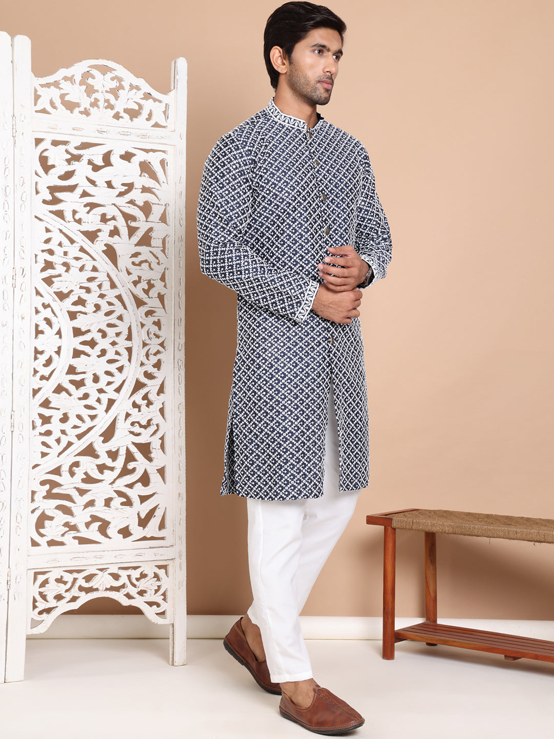 Sequin Chikankari Front Open Kurta With Pyjamas ( JOKP P 5029Navy )