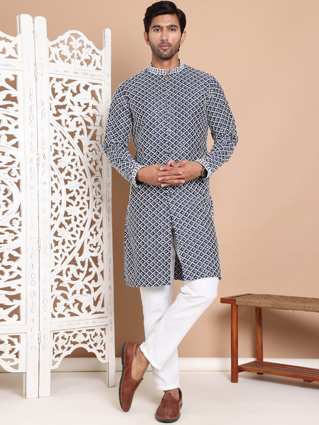 Sequin Chikankari Front Open Kurta With Pyjamas ( JOKP P 5029Navy )
