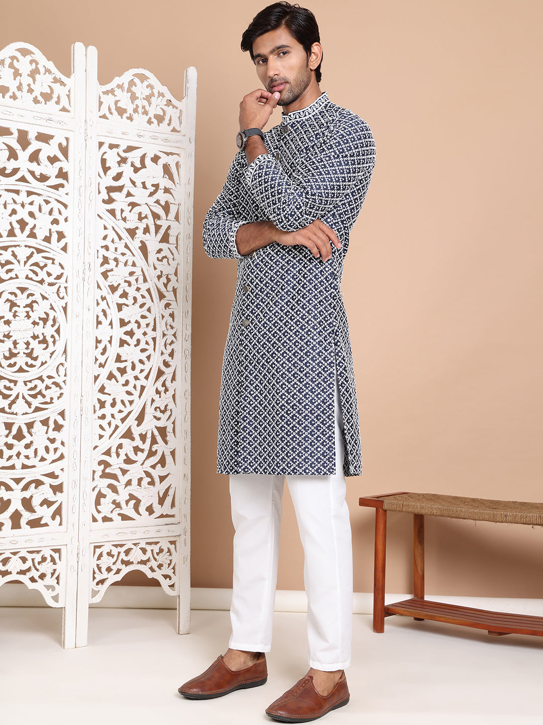Sequin Chikankari Front Open Kurta With Pyjamas ( JOKP P 5029Navy )