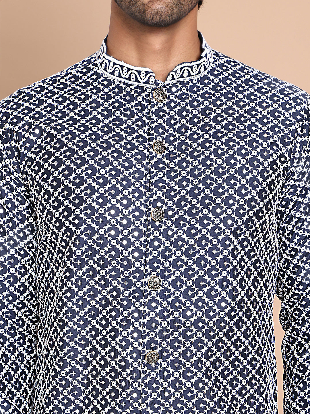 Sequin Chikankari Front Open Kurta With Pyjamas ( JOKP P 5029Navy )