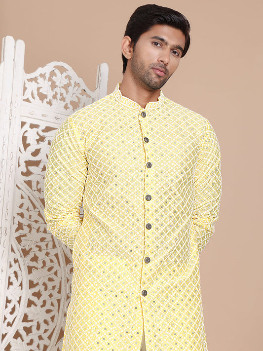 Sequin Chikankari Front Open Kurta With Pyjamas ( JOKP P 5029Yellow )