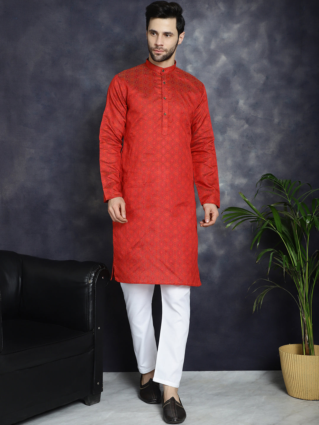 Red Woven Design Kurta with Pyjama ( JOKP P 5034Red )