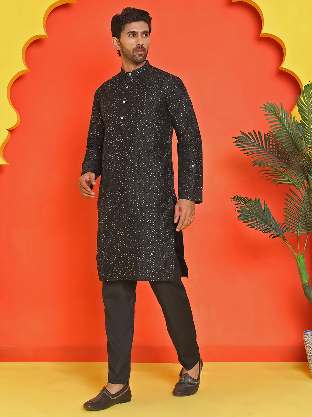 Embroidered Mirror Work Kurta Payjama Sets ( JOKP B-P 5035 Black )