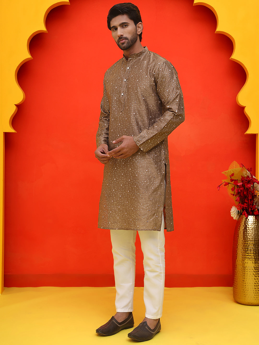 Embroidered Mirror Work Kurta Payjama Sets ( JOKP P 5035 Brown )