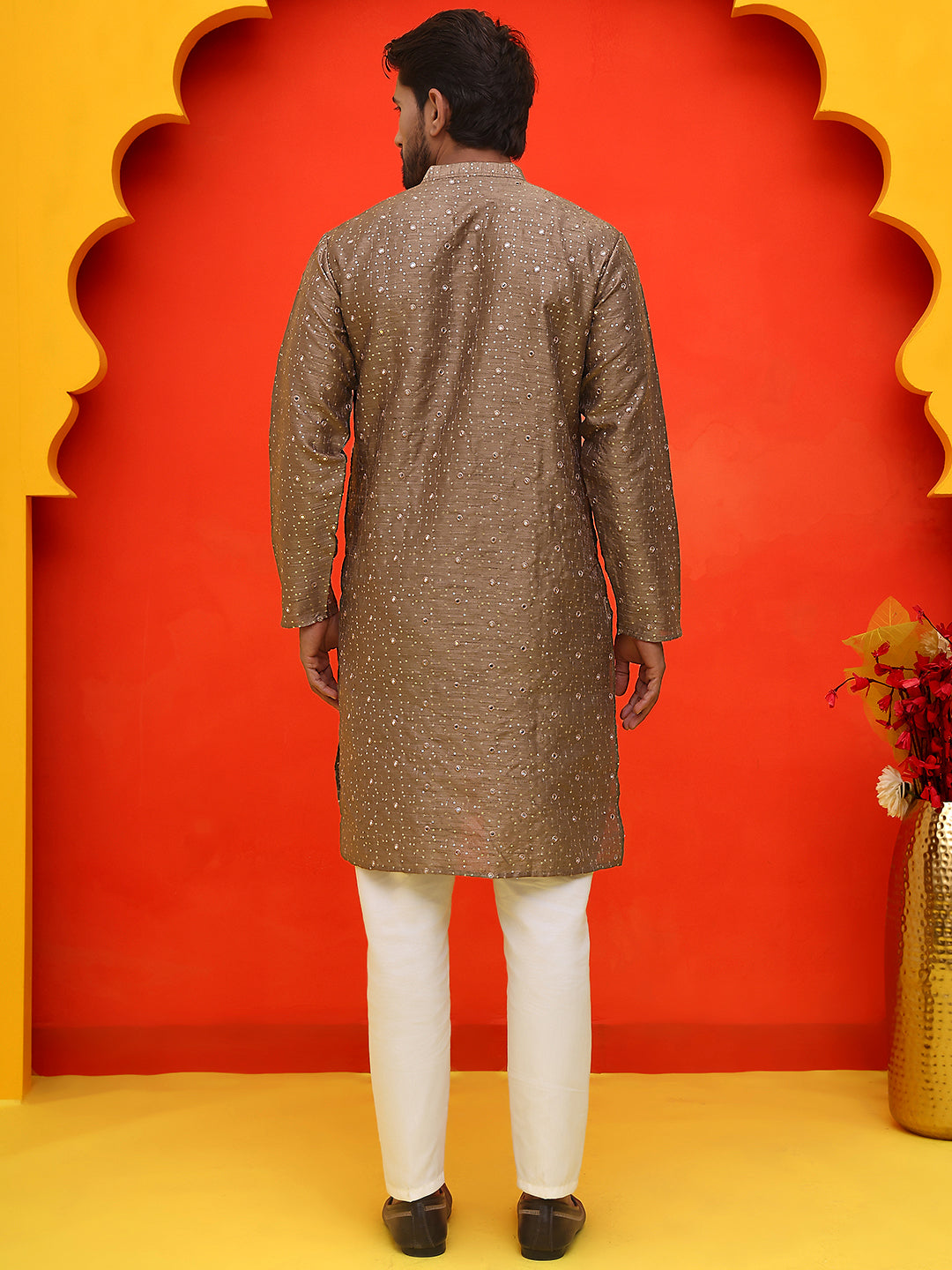 Embroidered Mirror Work Kurta Payjama Sets ( JOKP P 5035 Brown )