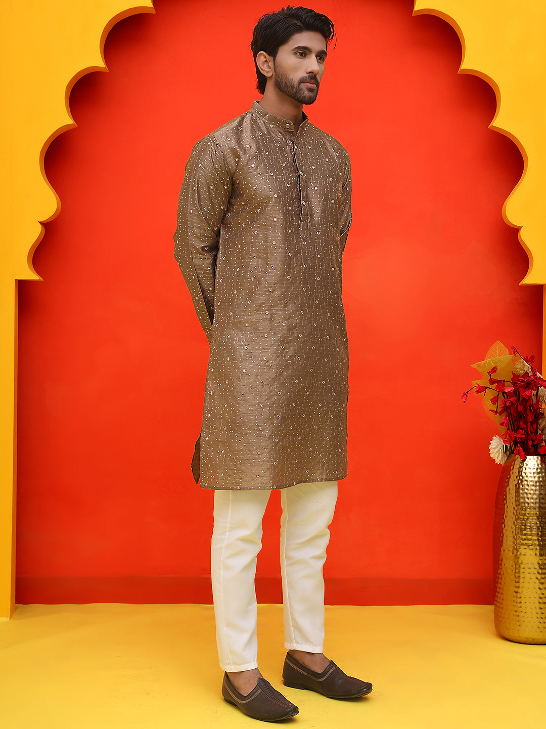 Embroidered Mirror Work Kurta Payjama Sets ( JOKP P 5035 Brown )