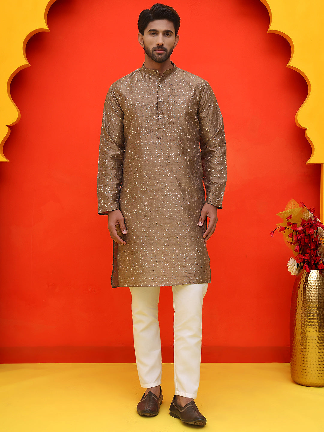 Embroidered Mirror Work Kurta Payjama Sets ( JOKP P 5035 Brown )