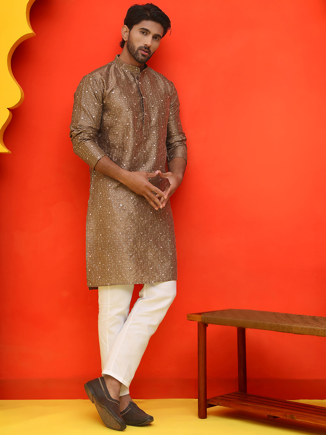 Embroidered Mirror Work Kurta Payjama Sets ( JOKP P 5035 Brown )