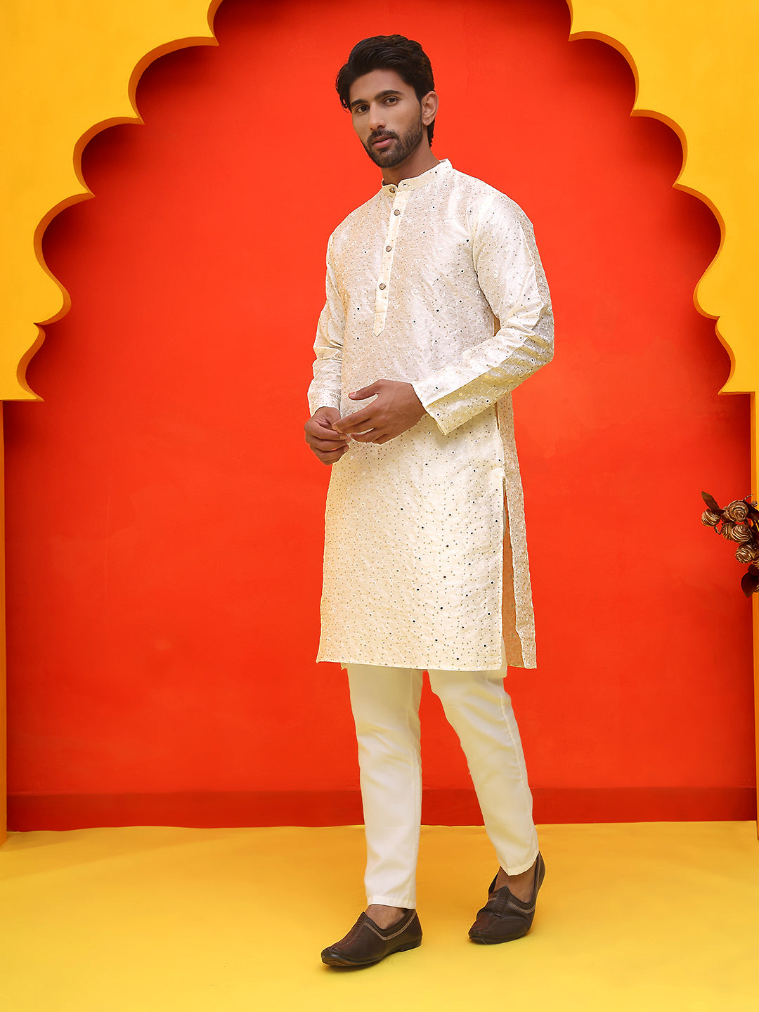 Embroidered Mirror Work Kurta Payjama Sets ( JOKP P 5035 White ) [FF] [E-10]