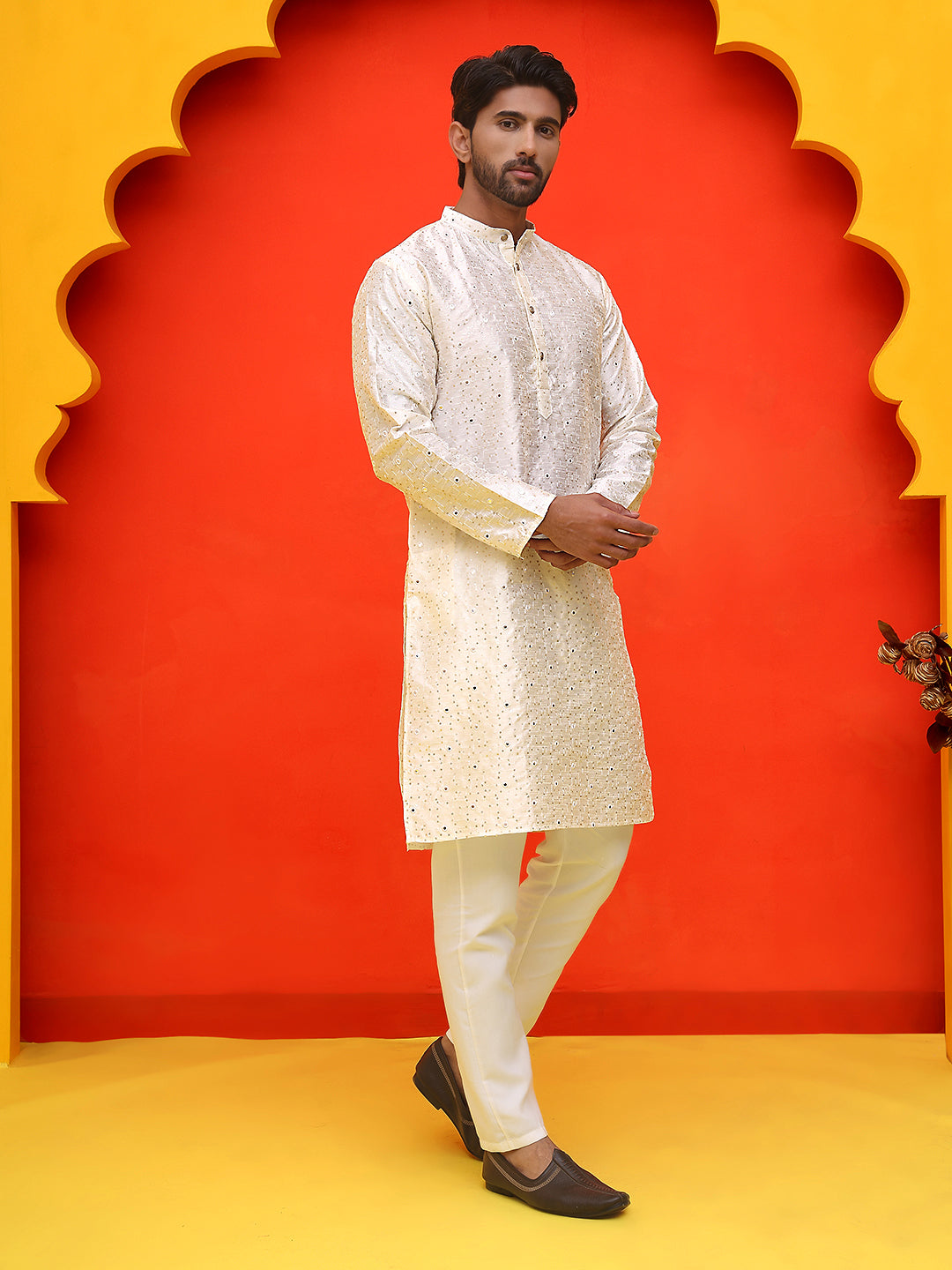 Embroidered Mirror Work Kurta Payjama Sets ( JOKP P 5035 White ) [FF] [E-10]