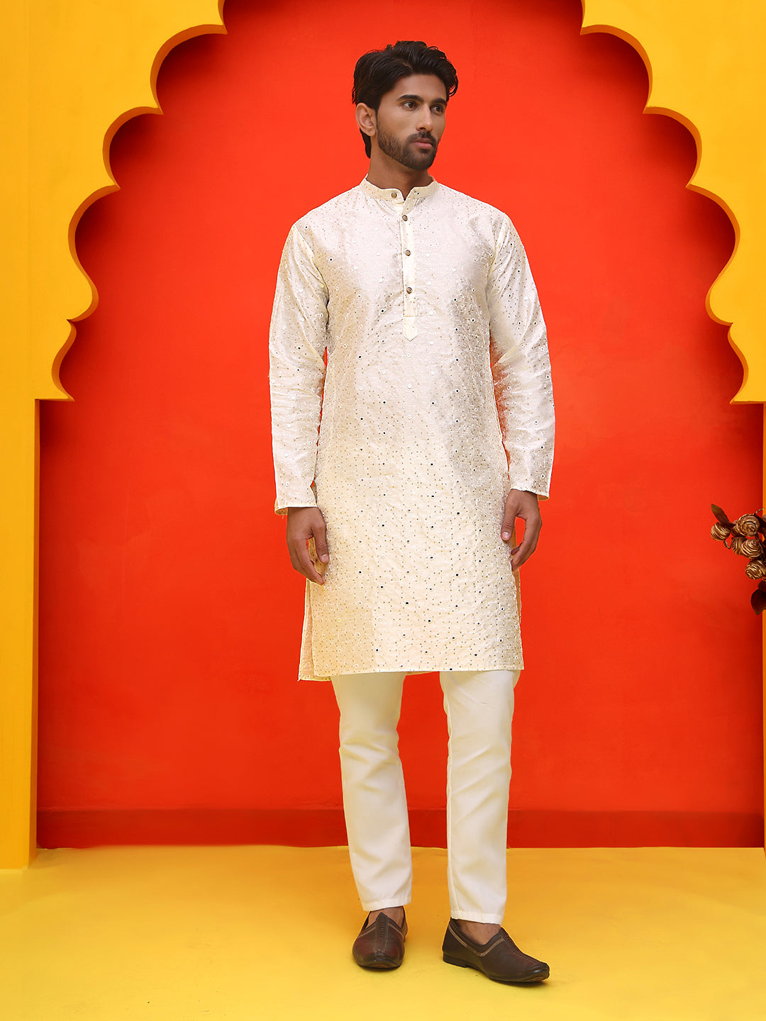 Embroidered Mirror Work Kurta Payjama Sets ( JOKP P 5035 White ) [FF] [E-10]