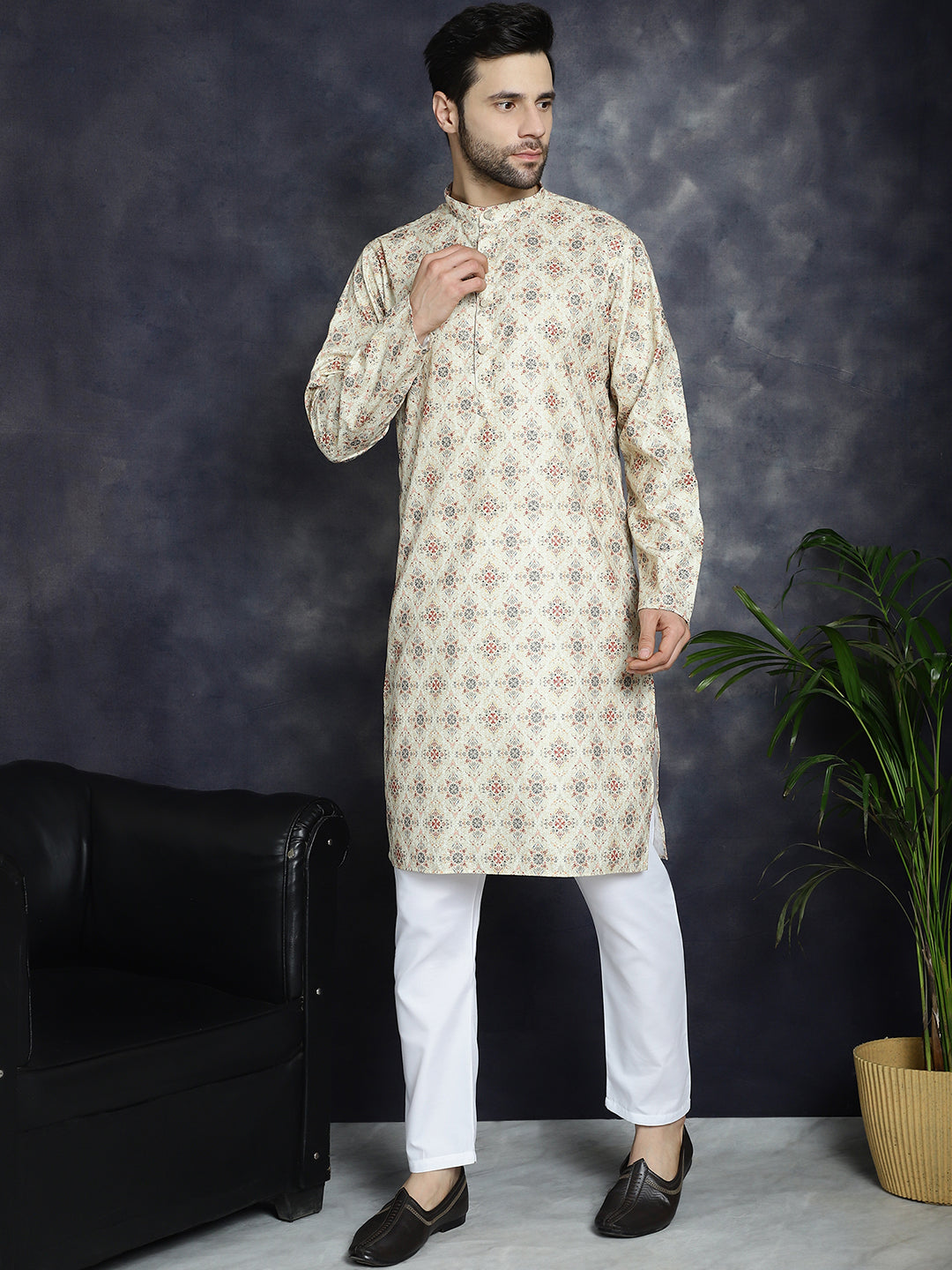 Golden Foil Printed Kurta with Pyjama ( JOKP P 5036Golden ) [FF] [B-4-5]