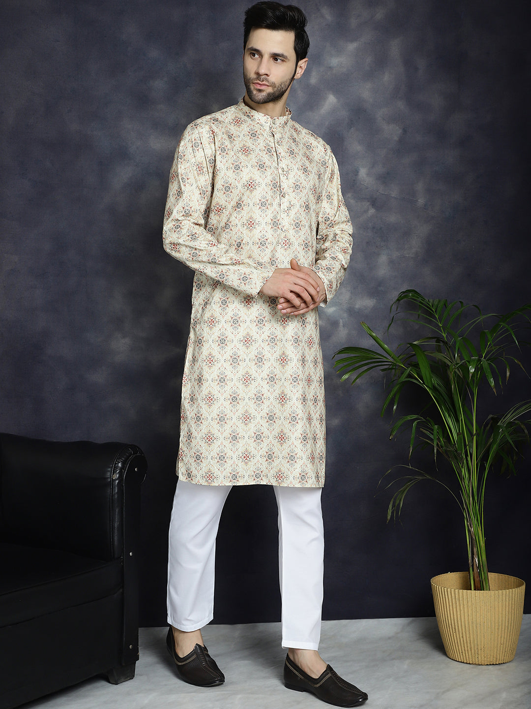 Golden Foil Printed Kurta with Pyjama ( JOKP P 5036Golden ) [FF] [B-4-5]