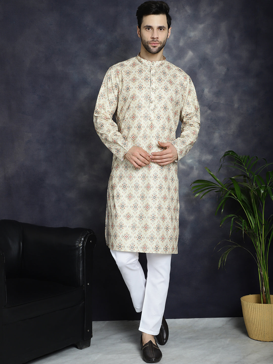 Golden Foil Printed Kurta with Pyjama ( JOKP P 5036Golden ) [FF] [B-4-5]