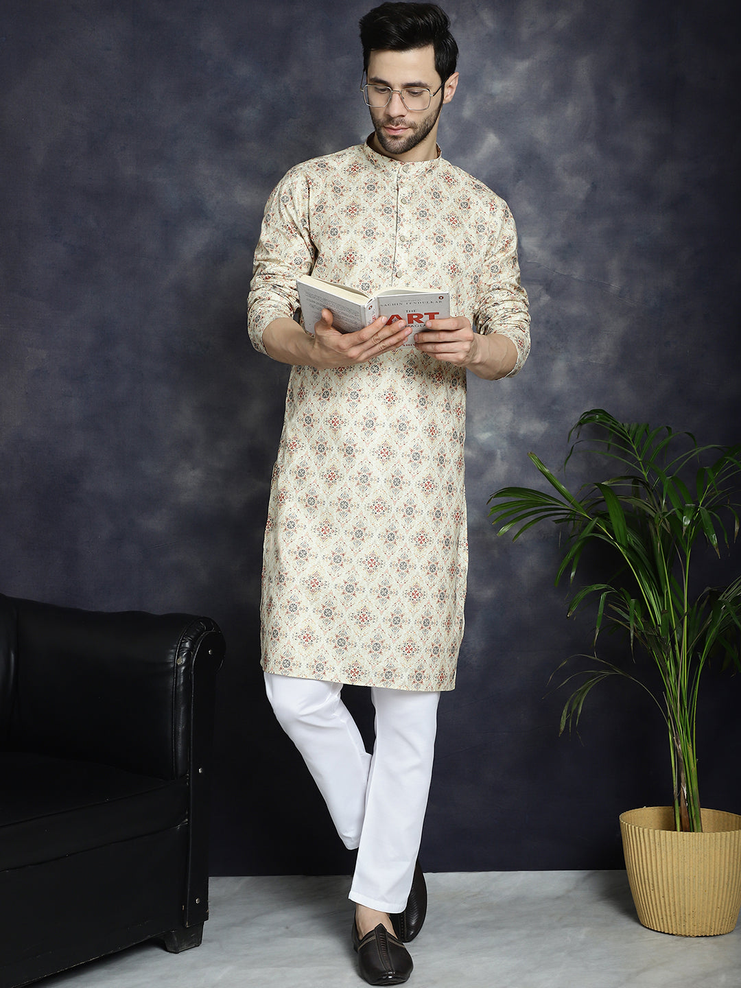Golden Foil Printed Kurta with Pyjama ( JOKP P 5036Golden ) [FF] [B-4-5]