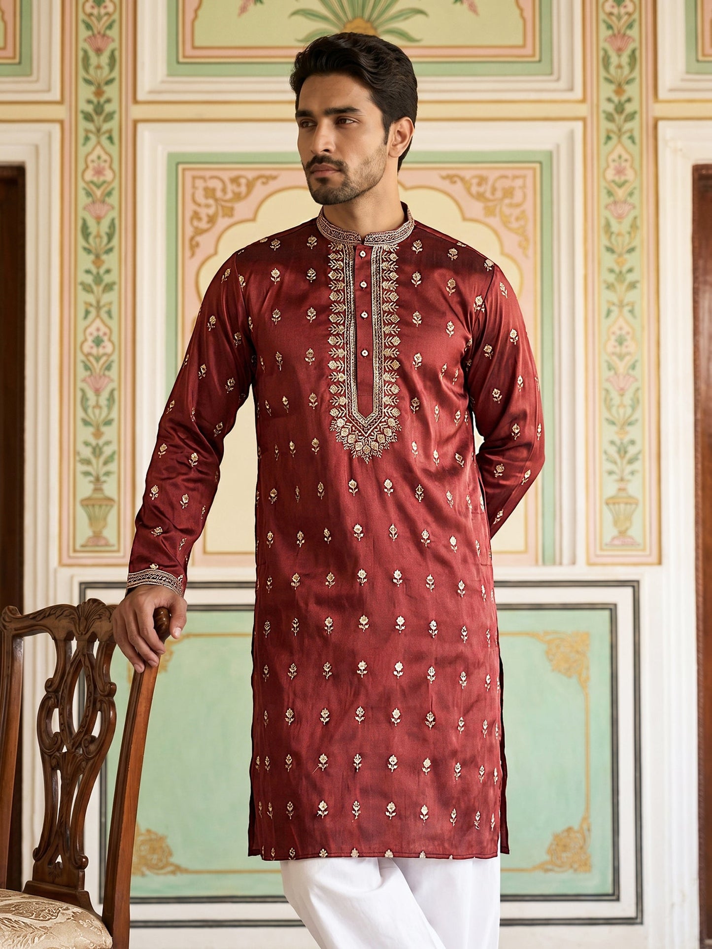 Silk Blend Embroidered Kurta Set for Men