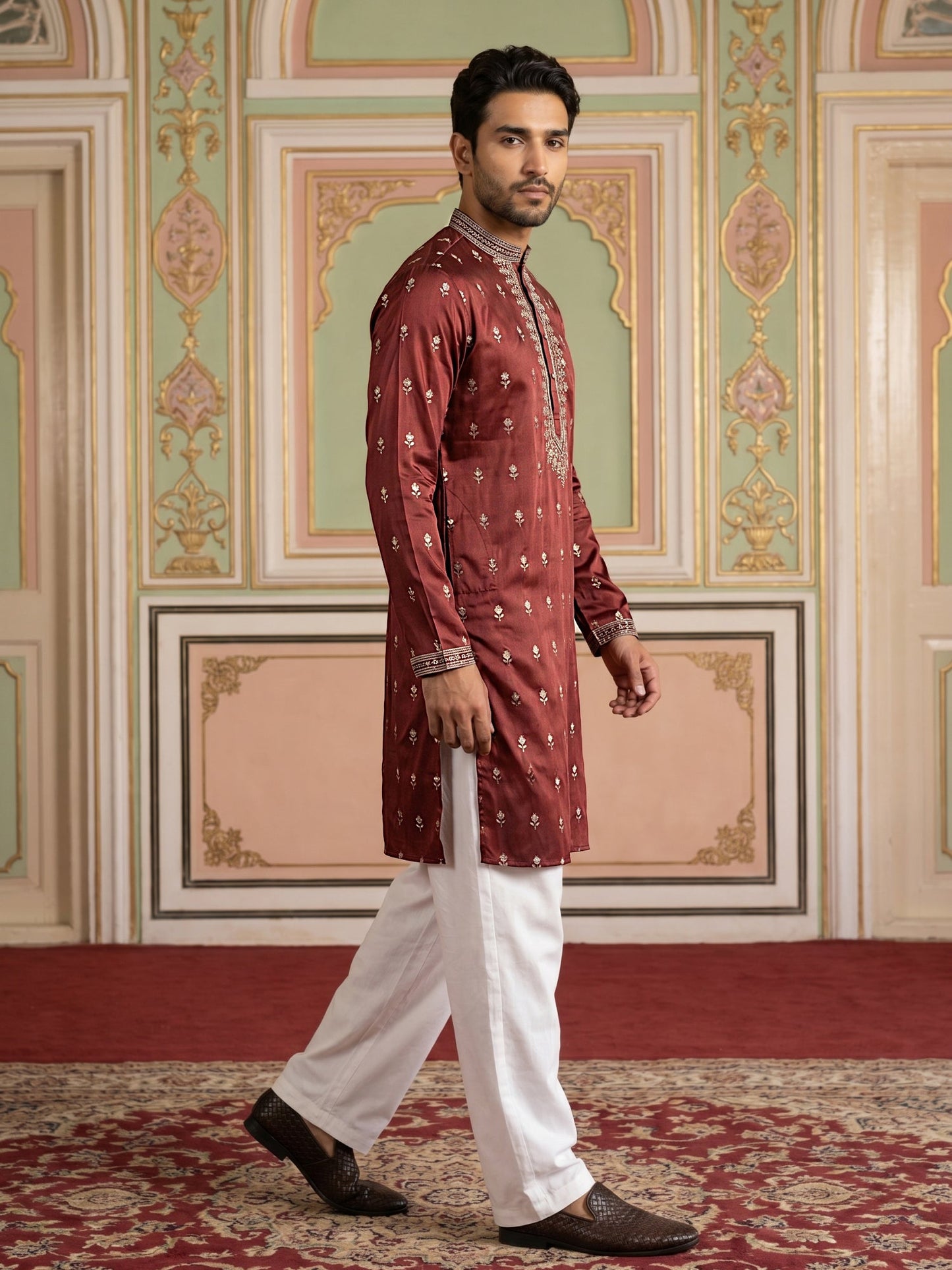 Silk Blend Embroidered Kurta Set for Men