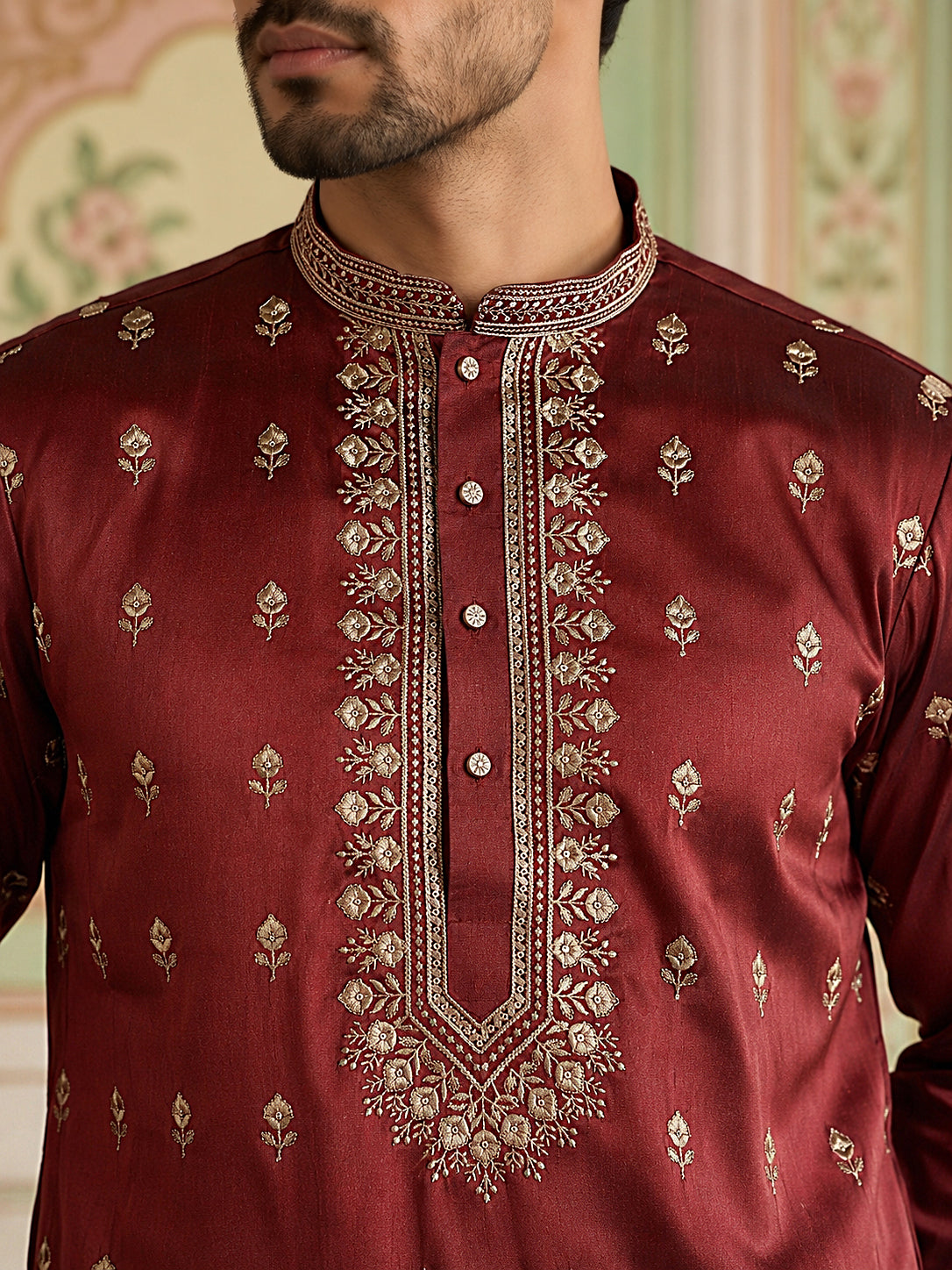 Silk Blend Embroidered Kurta Set for Men