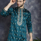 Men's Peacock Blue Chikankari Embroidered Kurta With Pyjama ( JOKP P 5042Peacock )