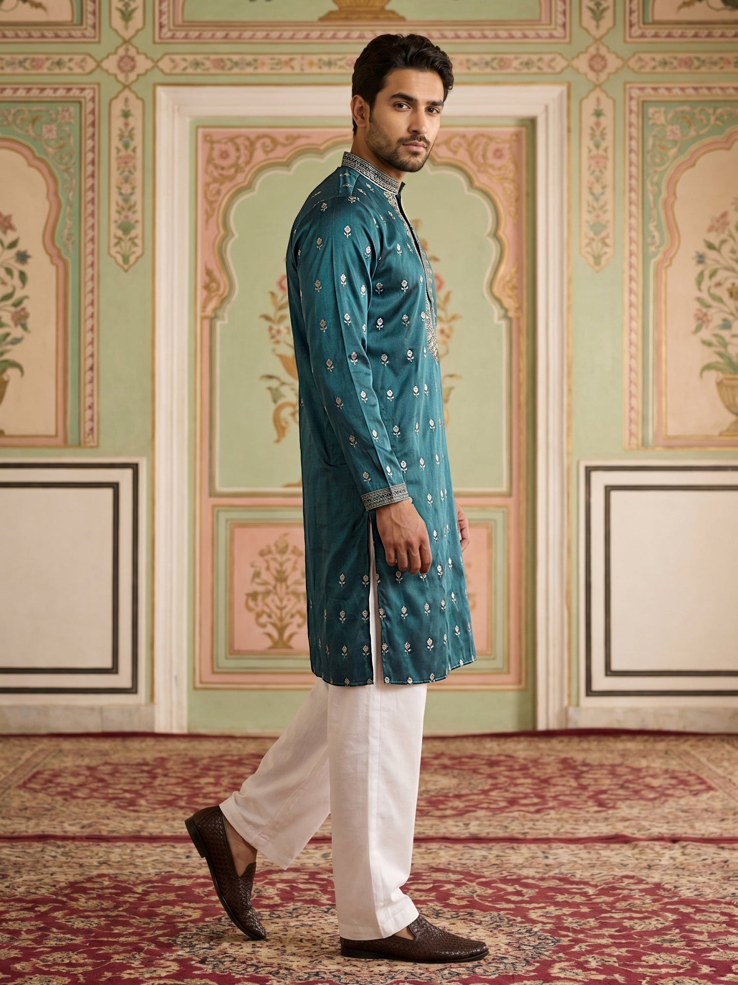 Silk Blend Embroidered Kurta Set for Men