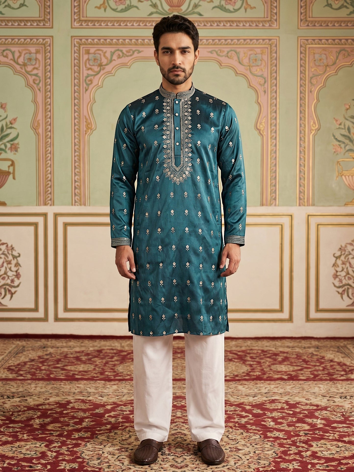 Silk Blend Embroidered Kurta Set for Men