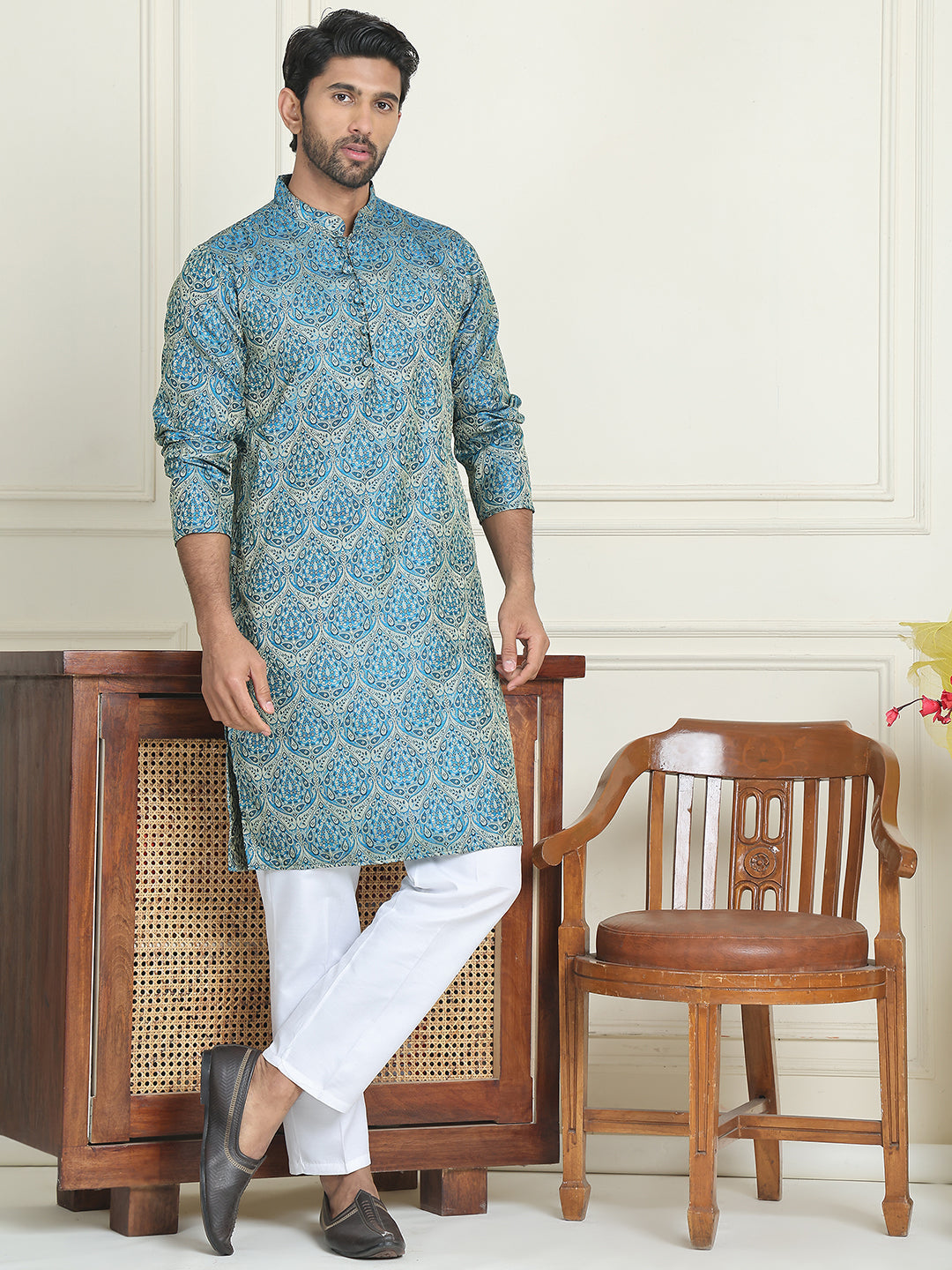 Men's Silk Blend Straight Kurta Pyjama Set ( JOKP P 5043 Blue )