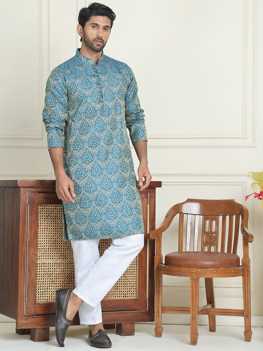 Men's Silk Blend Straight Kurta Pyjama Set ( JOKP P 5043 Blue )